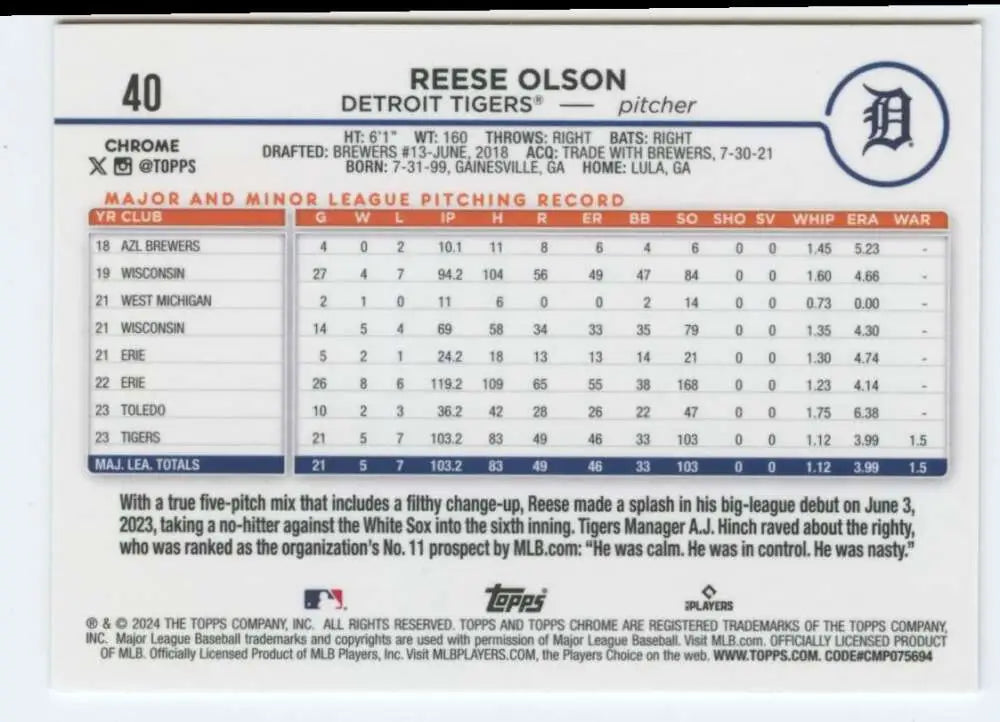 Reese Olson Topps Chrome baseball card featuring Detroit Tigers stats and career info