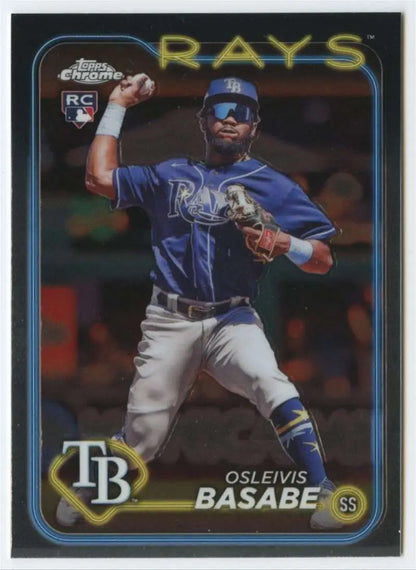 Tampa Bay Rays Osleivis Basabe making a throw on 2024 Topps Chrome baseball card