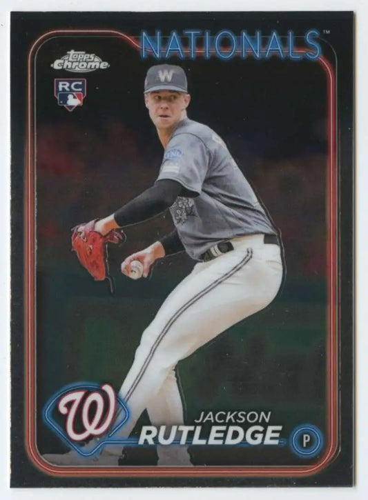 Baseball card of Jackson Rutledge pitching for the Washington Nationals in Topps Chrome