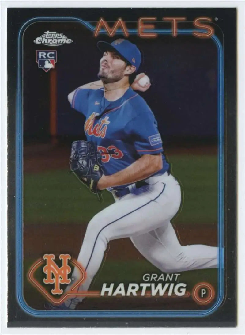 Chrome-finish baseball card of Grant Hartwig, New York Mets pitcher in blue uniform