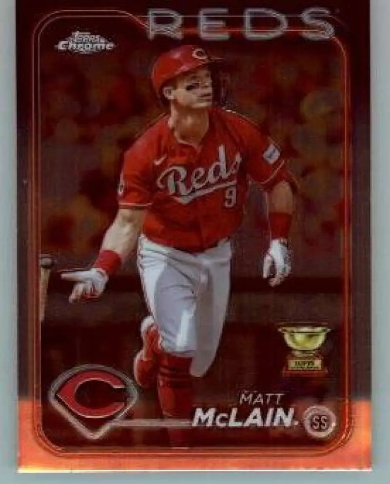 Chrome-style Cincinnati Reds baseball card of Matt McLain in red uniform