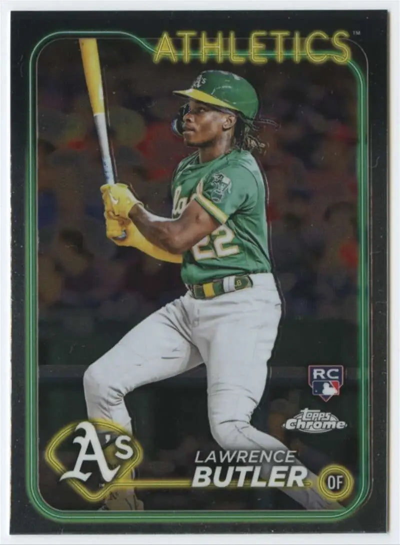 Lawrence Butler at bat in green jersey on Oakland Athletics baseball card 2024 Topps Chrome