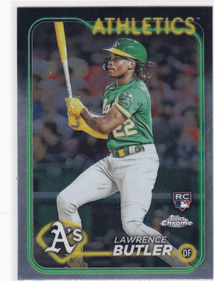 Baseball card of Lawrence Butler in green Oakland Athletics uniform with yellow bat