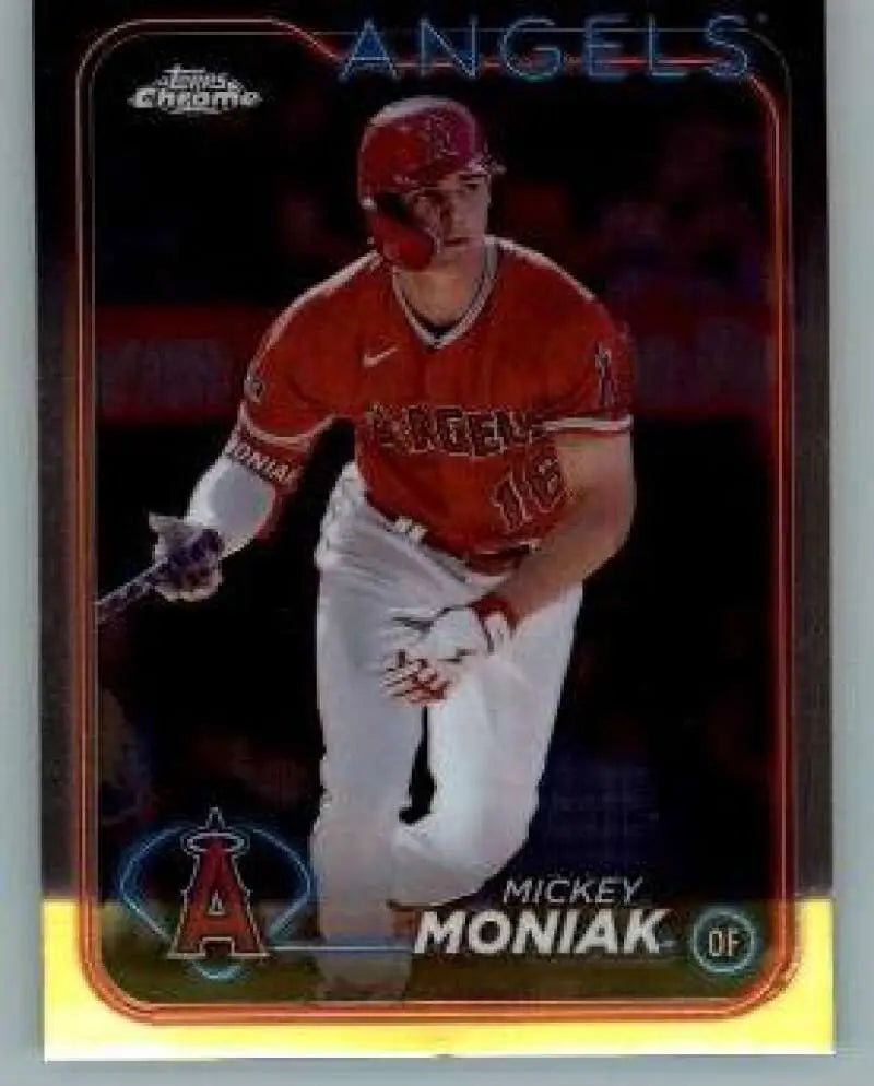 Topps Chrome Mickey Moniak Baseball Card featuring Angels player in red uniform