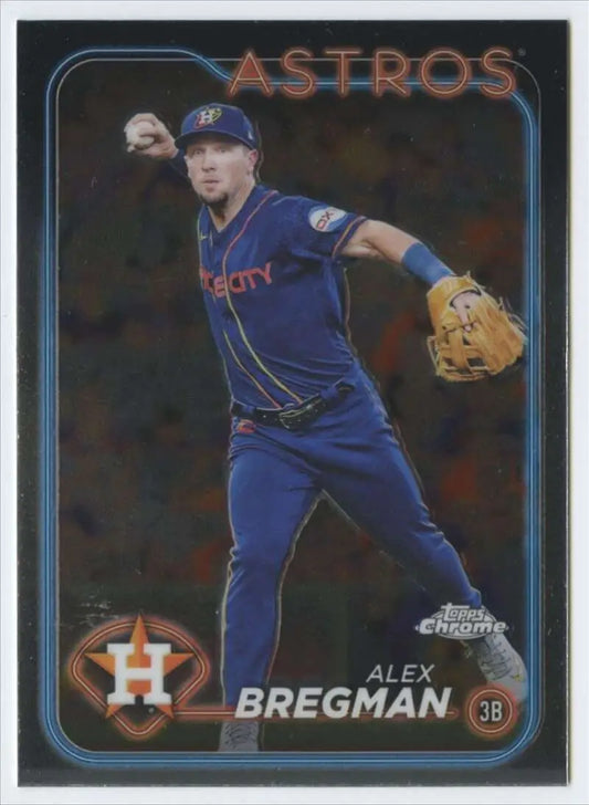 Baseball card of Alex Bregman in blue uniform for Topps Chrome Houston Astros