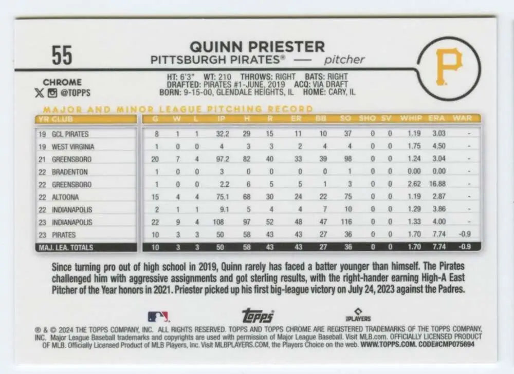 2024 Topps Chrome #55 Quinn Priester rookie card for Pittsburgh Pirates with stats and info