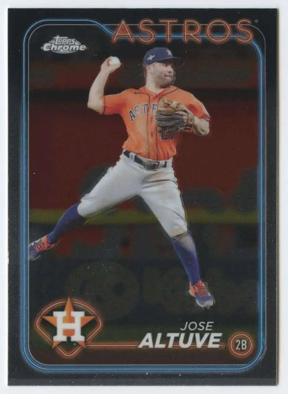 Jose Altuve in orange jersey throwing ball on 2024 Topps Chrome baseball card