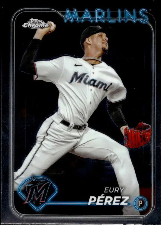 Baseball player Eury Perez in Miami Marlins uniform pitching for Topps Chrome card