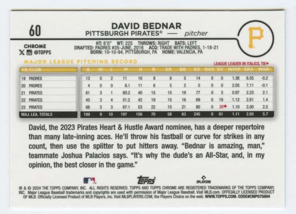 Baseball card featuring David Bednar statistics for Pittsburgh Pirates player