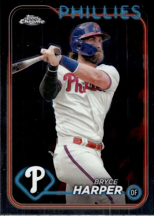 Bryce Harper at bat in a white and red uniform, Topps Chrome Philadelphia Phillies card