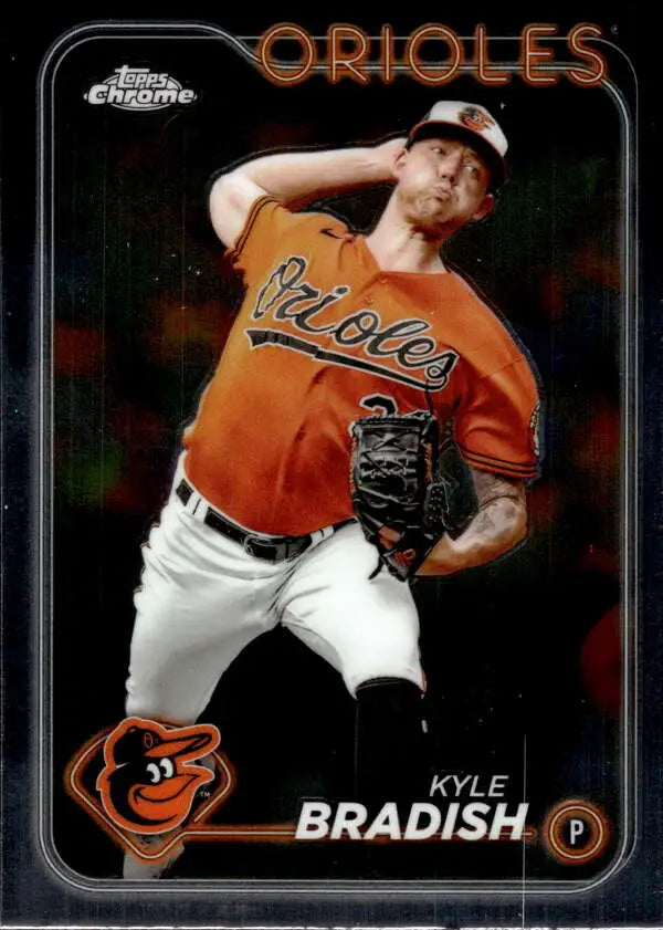 Kyle Bradish in orange jersey mid-throw on 2024 Topps Chrome baseball card