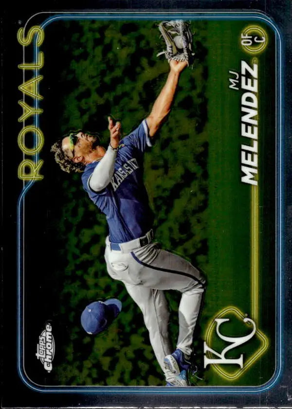 Kansas City Royals player MJ Melendez leaping for a catch in 2024 Topps Chrome card