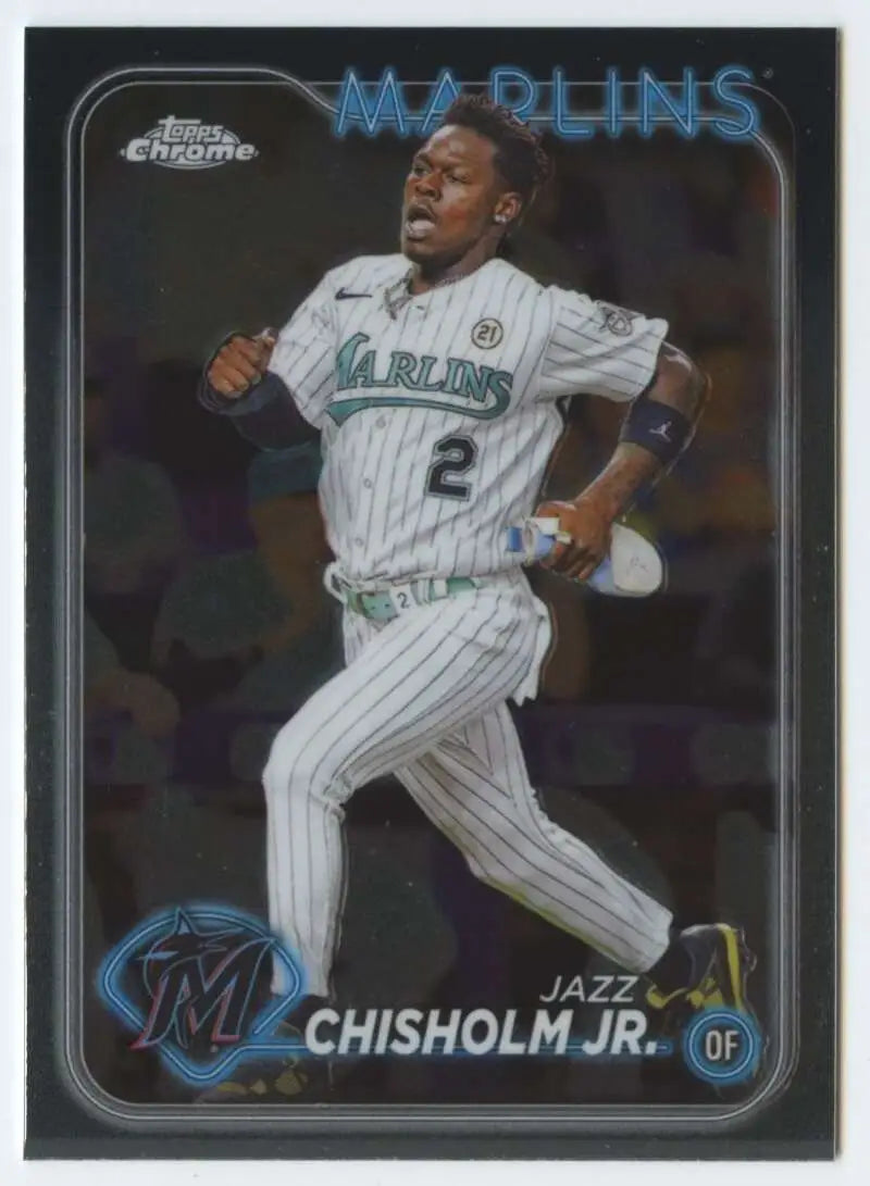 Baseball card of Jazz Chisholm in a white pinstriped uniform for Topps Chrome