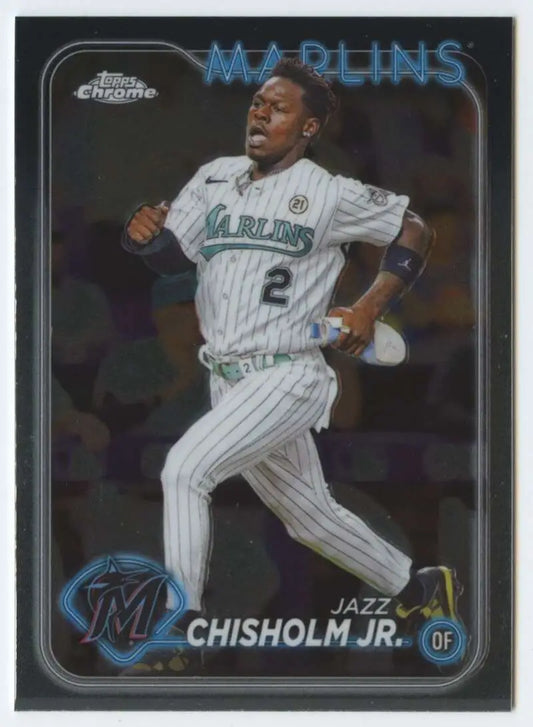 Baseball card of Jazz Chisholm running in white pinstriped uniform for Miami Marlins