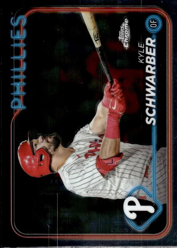 Kyle Schwarber at bat on a Philadelphia Phillies baseball card from Topps Chrome 2024