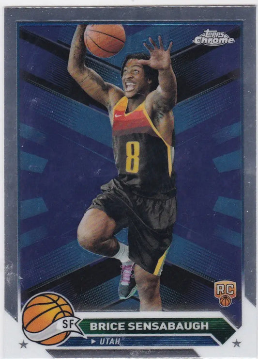 Basketball trading card of Brice Sensabaugh RC in black and yellow uniform for Topps Chrome