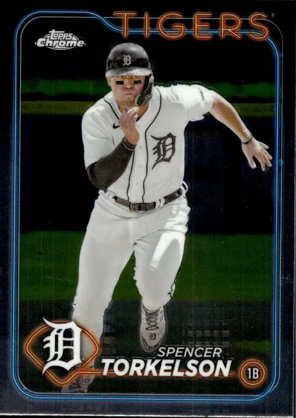 Baseball card of Spencer Torkelson in home uniform for Topps Chrome Detroit Tigers