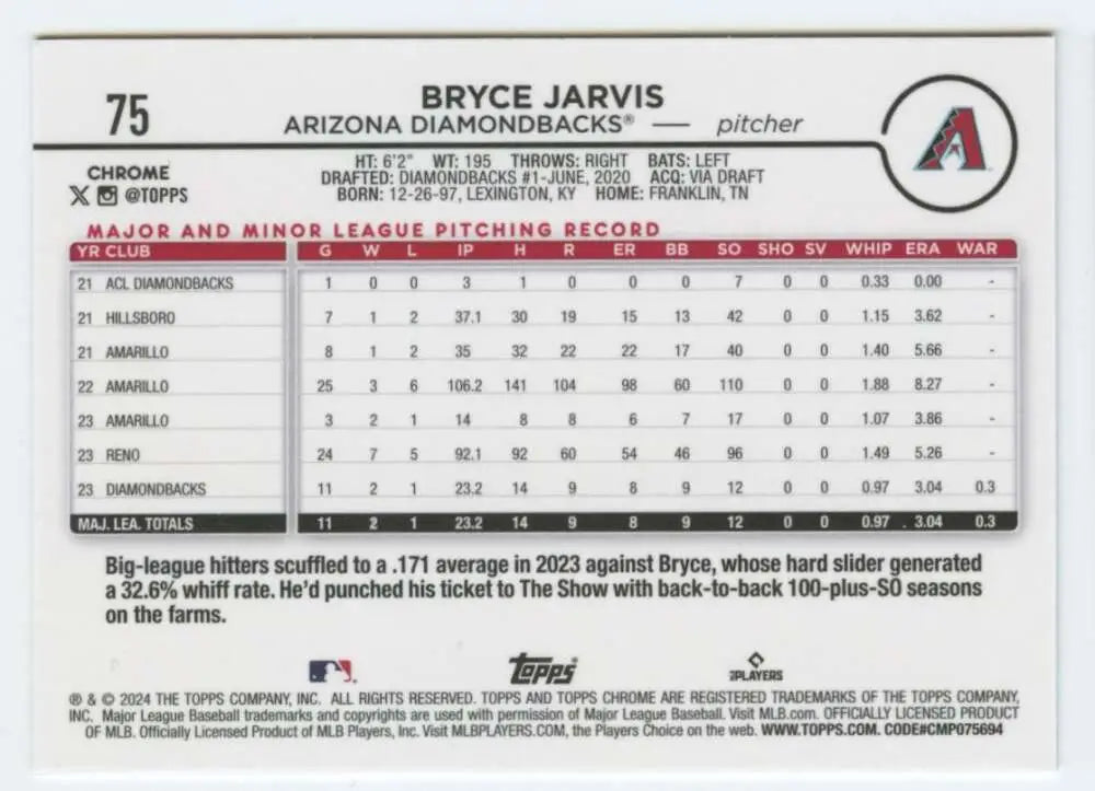 Baseball card featuring Bryce Jarvis rookie stats from 2024 Topps Chrome #75