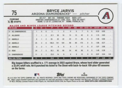 Baseball card featuring Bryce Jarvis rookie stats from 2024 Topps Chrome #75