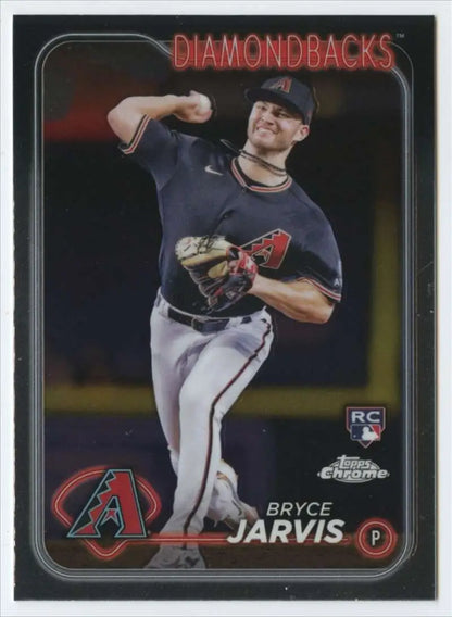 Baseball card of Bryce Jarvis in mid-throw for 2024 Topps Chrome Rookie Card