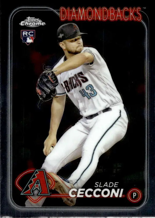 Baseball card of Slade Cecconi, Diamondbacks pitcher in white uniform mid-delivery