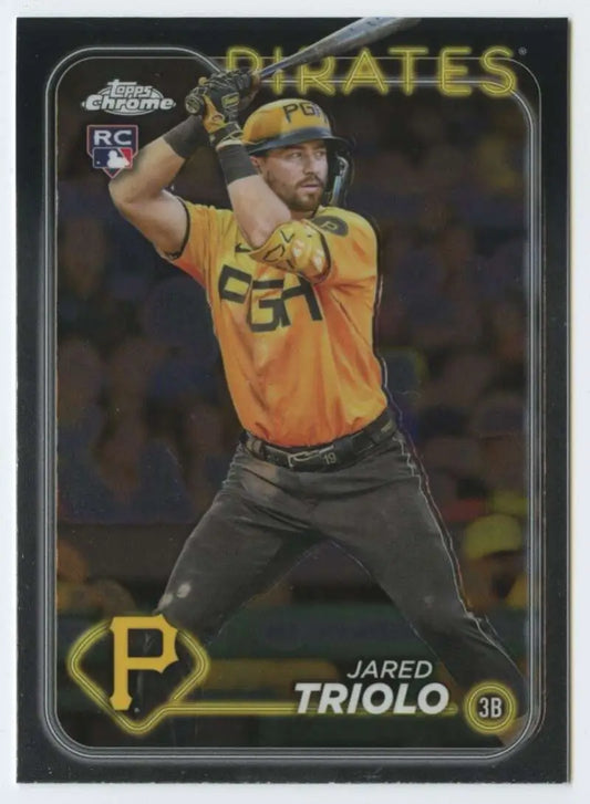 Chrome-finish Topps Chrome baseball card of Jared Triolo in yellow Pirates jersey