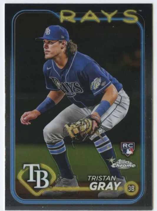 Tampa Bay Rays player Tristan Gray in fielding stance on 2024 Topps Chrome baseball card