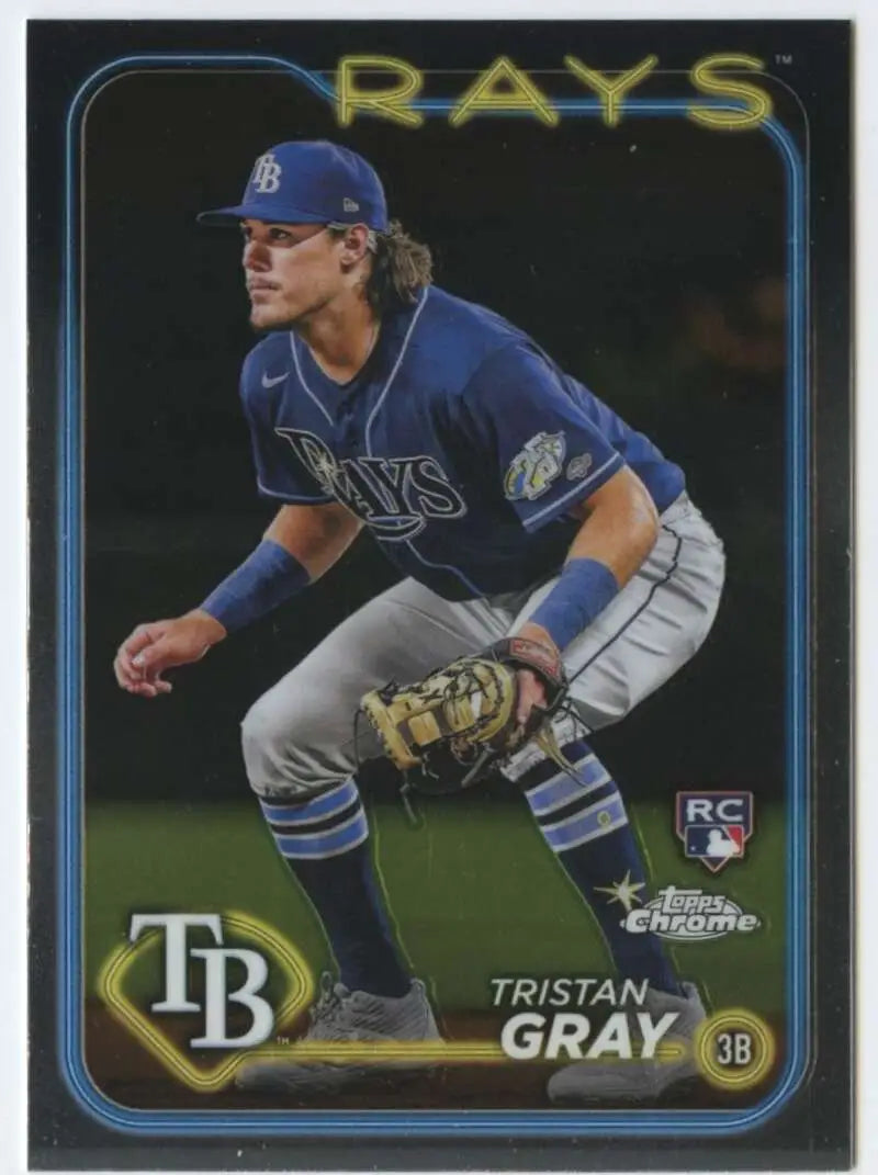 Tampa Bay Rays player Tristan Gray in fielding stance on 2024 Topps Chrome card