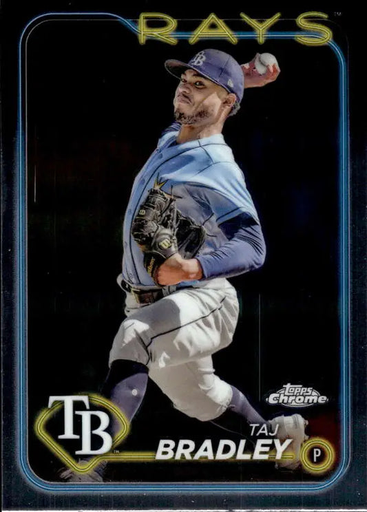 Baseball card of Tampa Bay Rays pitcher Taj Bradley in mid-throwing motion