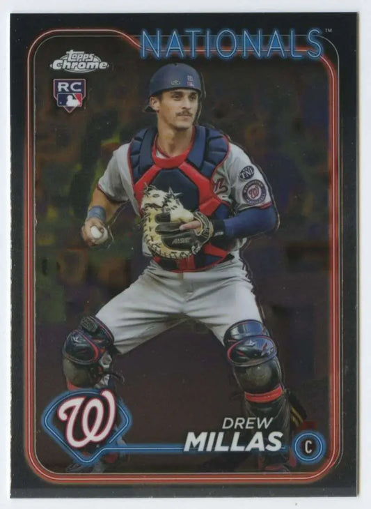 Baseball card of Drew Millas in catching stance, wearing Washington Nationals road gray uniform