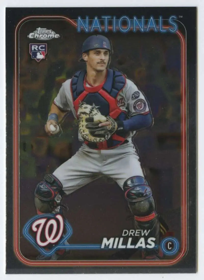 Drew Millas crouched catcher in road gray uniform on 2024 Topps Chrome Washington Nationals card