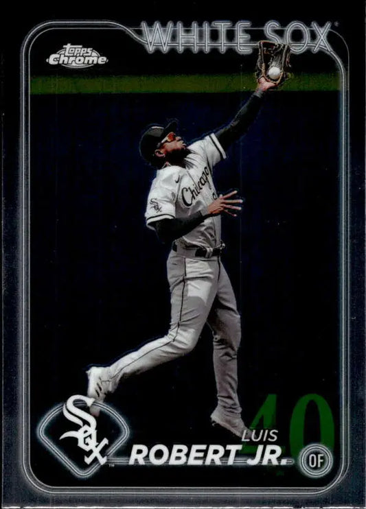 Baseball card of Luis Robert making a leaping catch for the White Sox in Topps Chrome