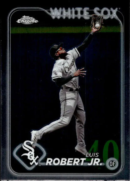 Baseball player Luis Robert in Chicago White Sox uniform catching ball for Topps Chrome card