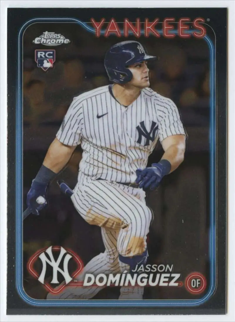 Baseball card of Jasson Dominguez in pinstripe uniform for New York Yankees Topps Chrome