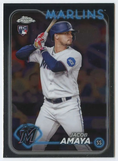 Jacob Amaya Miami Marlins player batting on 2024 Topps Chrome baseball card