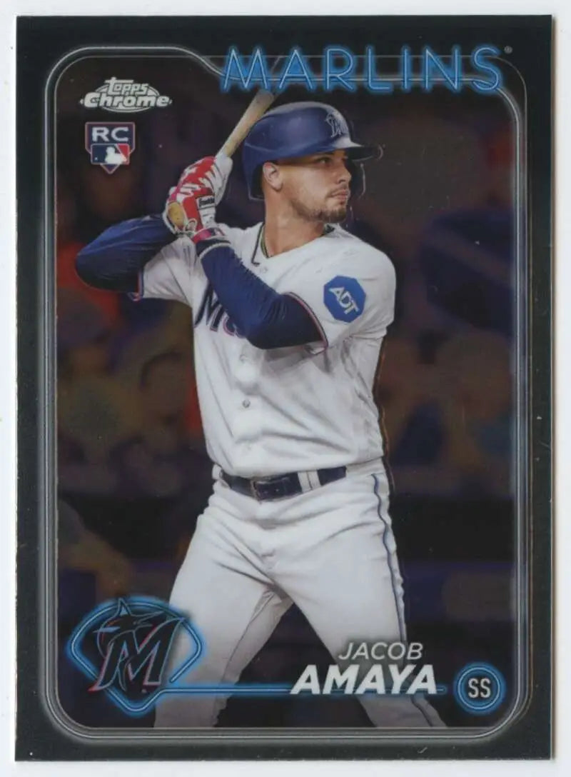 Jacob Amaya at bat in white uniform on 2024 Topps Chrome Miami Marlins baseball card