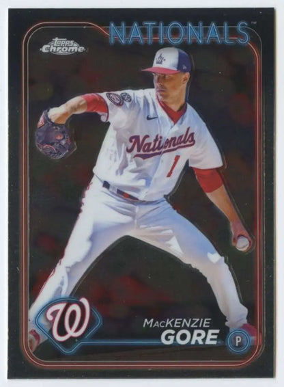 Washington Nationals MacKenzie Gore Topps Chrome baseball card in white and red uniform