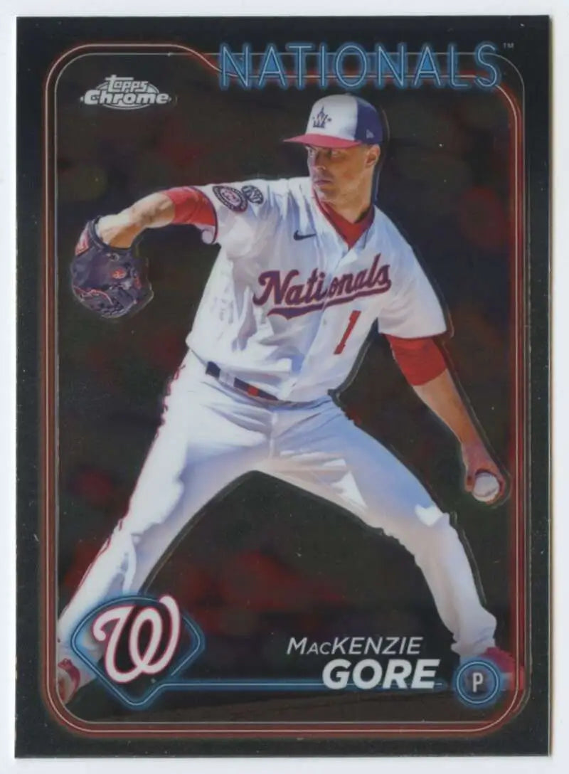 Mackenzie Gore Topps Chrome baseball card showcasing the pitcher in white and red uniform