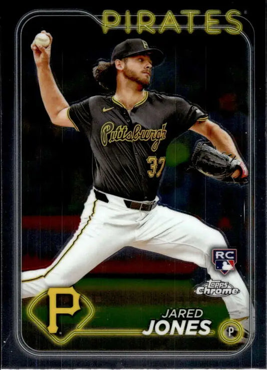 Jared Jones pitching in black jersey on 2024 Topps Chrome baseball card for Pittsburgh Pirates