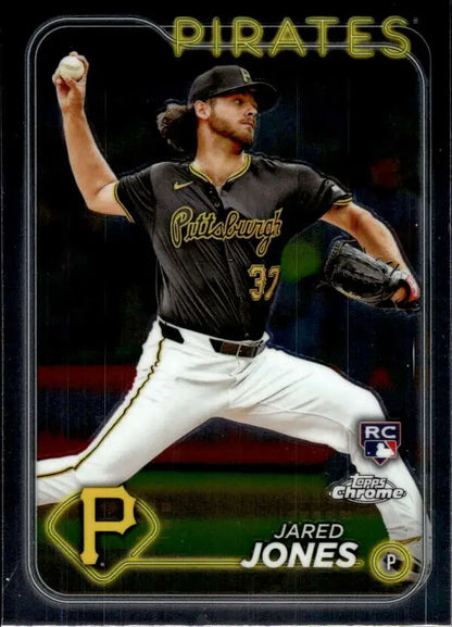 Jared Jones 2024 Topps Chrome Rookie Card featuring Pittsburgh Pirates pitcher in action