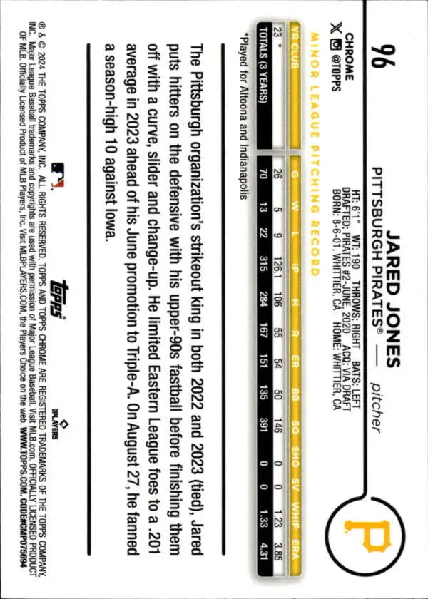 Ruler with black and yellow markings next to Topps Chrome Jared Jones Baseball Card