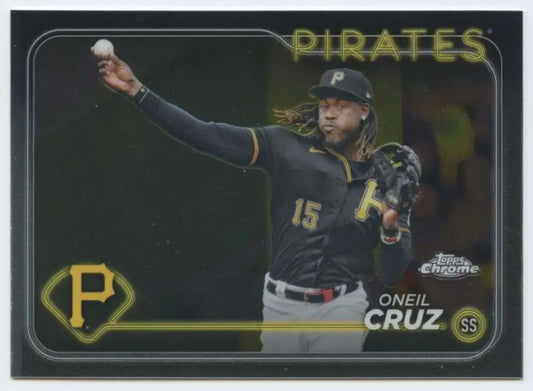 Oneil Cruz throwing in black uniform on 2024 Topps Chrome Pittsburgh Pirates Baseball Card