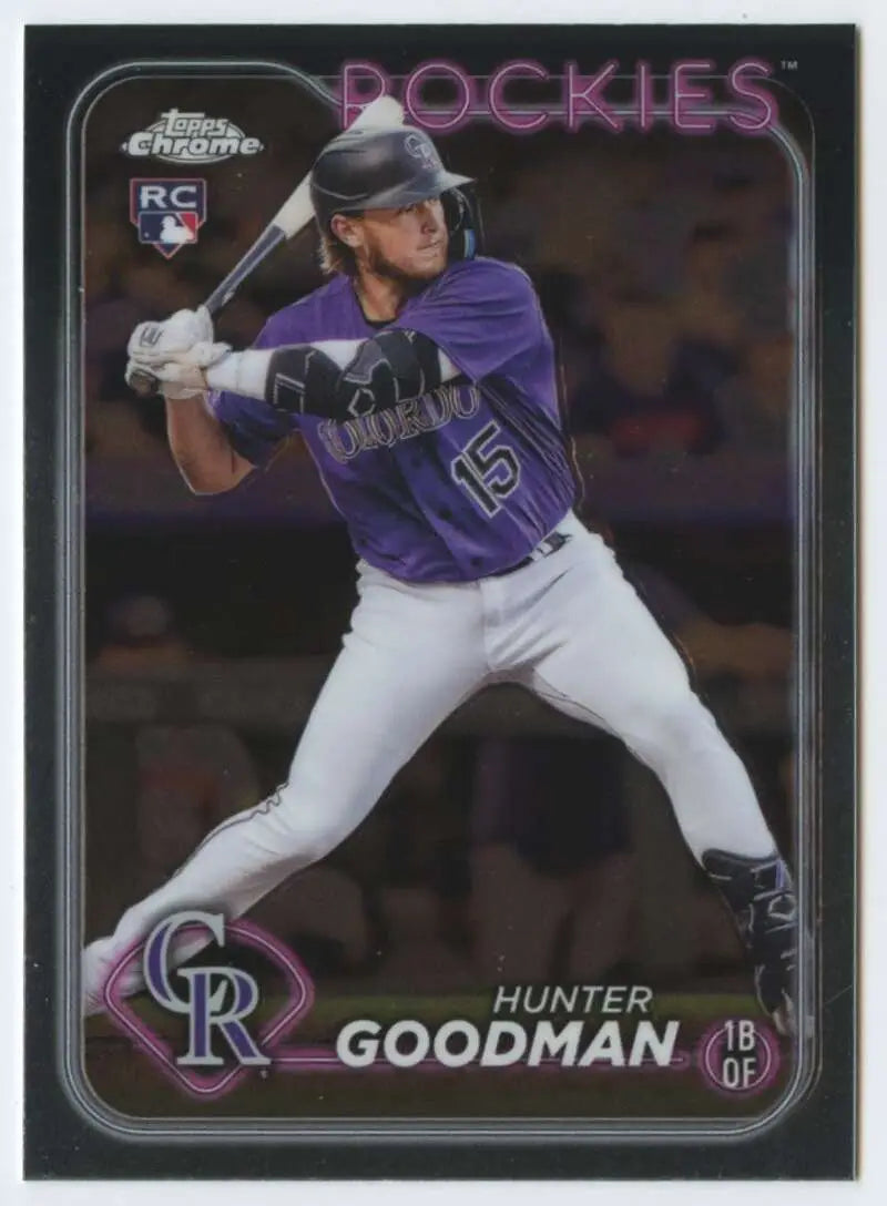 Baseball card of Hunter Goodman in Colorado Rockies uniform at bat, 2024 Topps Chrome