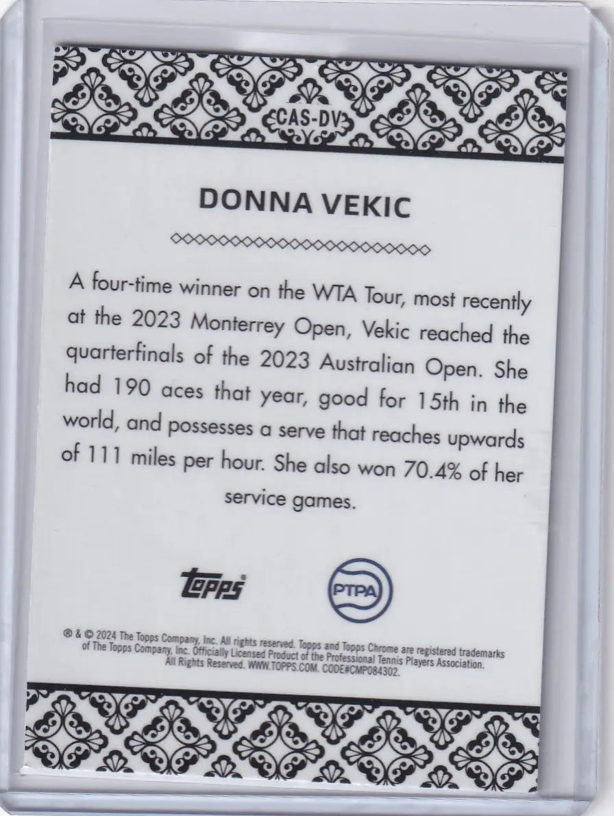 Trading card showcasing Donna Vekic’s achievements from Topps Chrome Aces