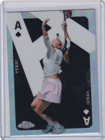 Tennis player serving in gray shirt and pink skirt on Topps Chrome Aces card