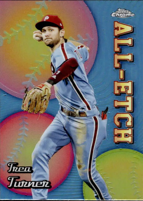 Trea Turner Philadelphia Phillies baseball card showing pitcher in a throwing motion