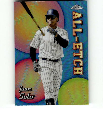 Juan Soto in New York Yankees pinstriped uniform holding bat on baseball card