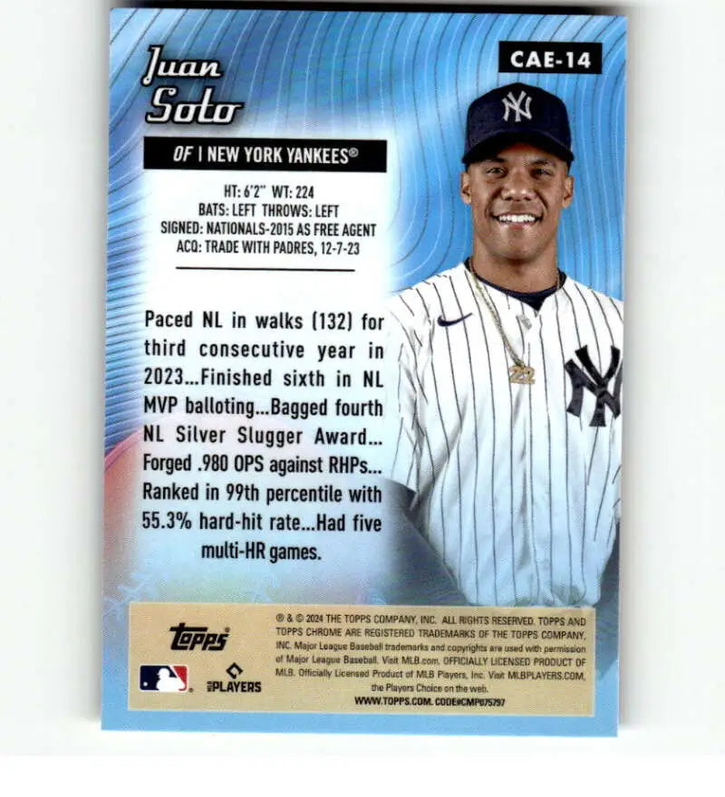 Baseball card of Juan Soto in New York Yankees pinstriped uniform and navy cap