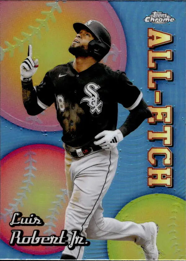 Baseball card of Luis Robert running the bases for the Chicago White Sox, pointing upward