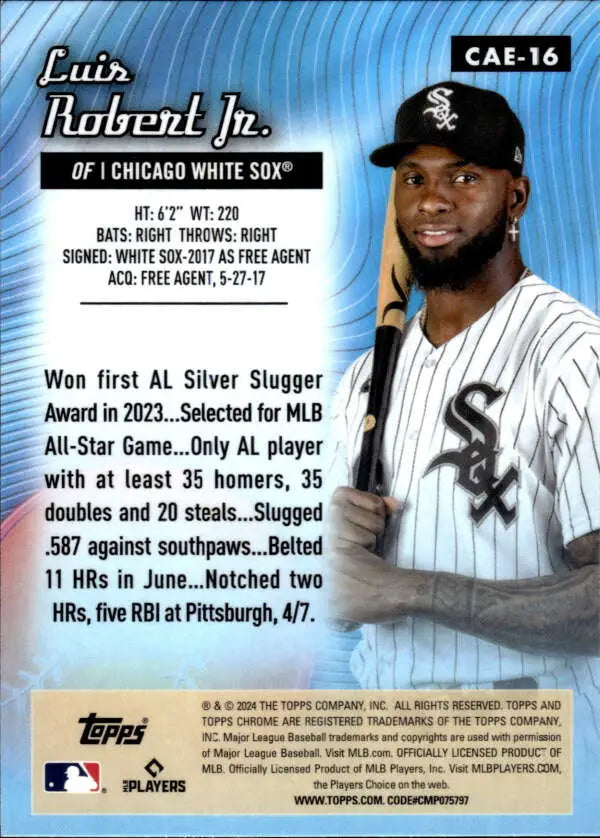 Baseball card of Luis Robert Jr. in pinstriped Chicago White Sox uniform